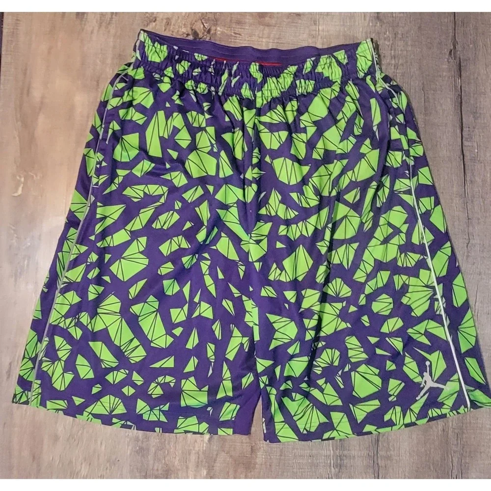 Nike Air Jordan Dri Fit Mens Large Geometric Purple Lime Green Basketball Shorts - Picture 1 of 12